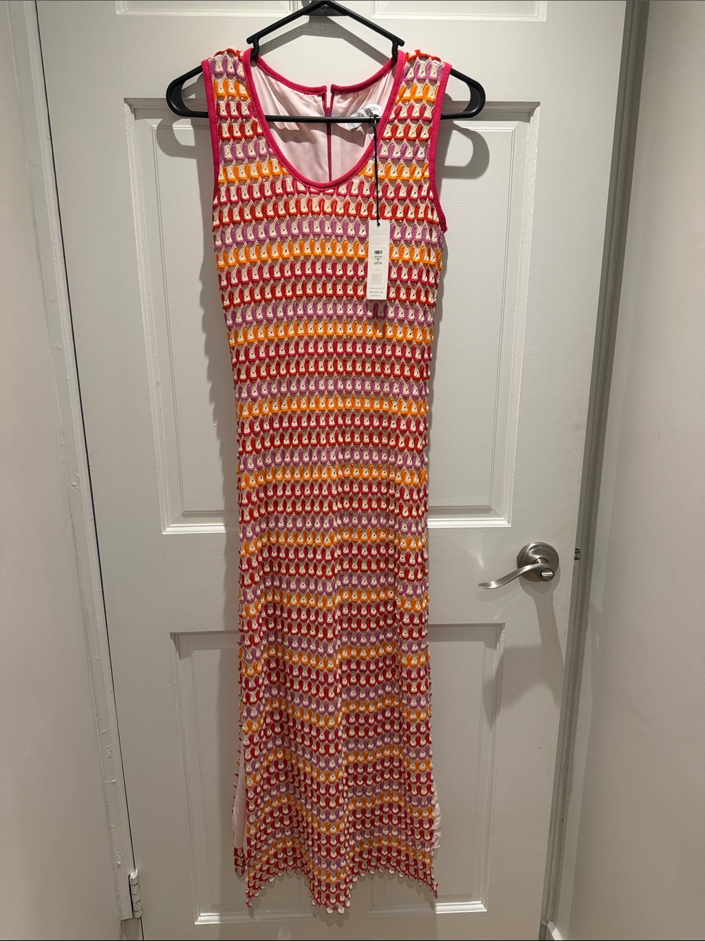 Sleeveless Crochet Stripe Maxi Dress In Pink, Yellow & White